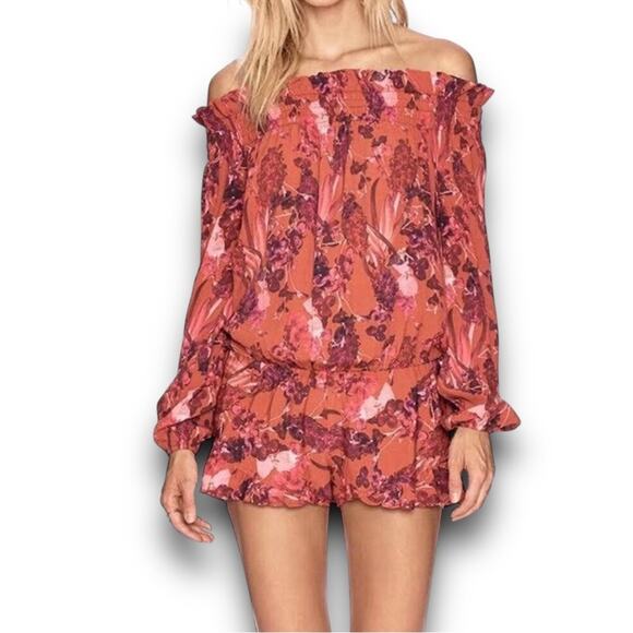 NWT BEACH RIOT Lantern Romper S Red Floral Off The Shoulder Long Sleeve Ruffle - Picture 2 of 6